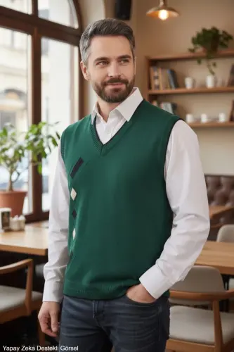 Erkek Nefti Tüylenme Yapmayan Anti-pilling Standart Fit Normal Kesim V Yaka Triko Süveter - Nefti - 5