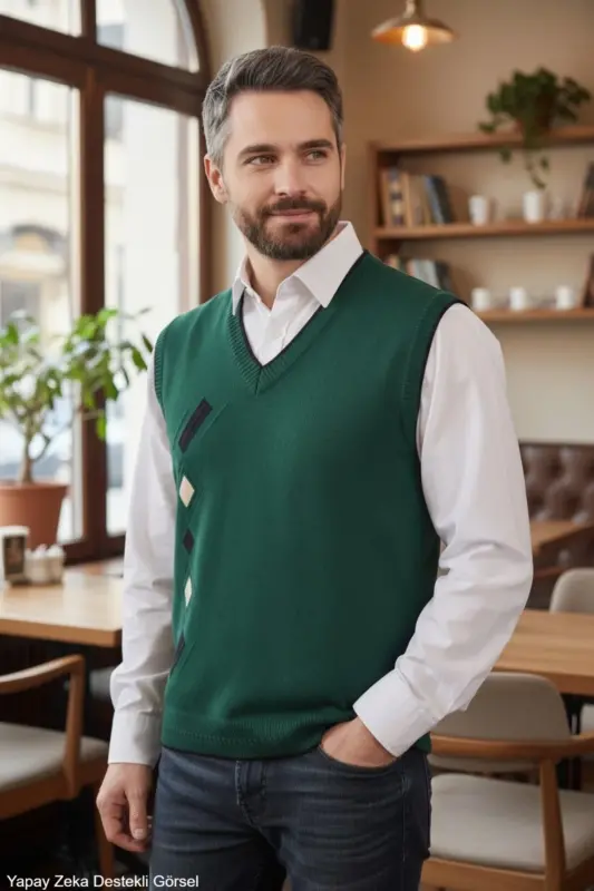 Erkek Nefti Tüylenme Yapmayan Anti-pilling Standart Fit Normal Kesim V Yaka Triko Süveter - Nefti - 5