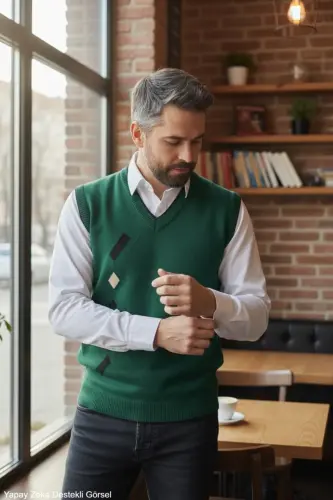 Erkek Nefti Tüylenme Yapmayan Anti-pilling Standart Fit Normal Kesim V Yaka Triko Süveter - Nefti - 7