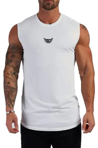 Erkek Nem Emici Hızlı Kuruma Atletik Teknik Performans Sporcu Sıfır Kol T-shirt - BEYAZ 