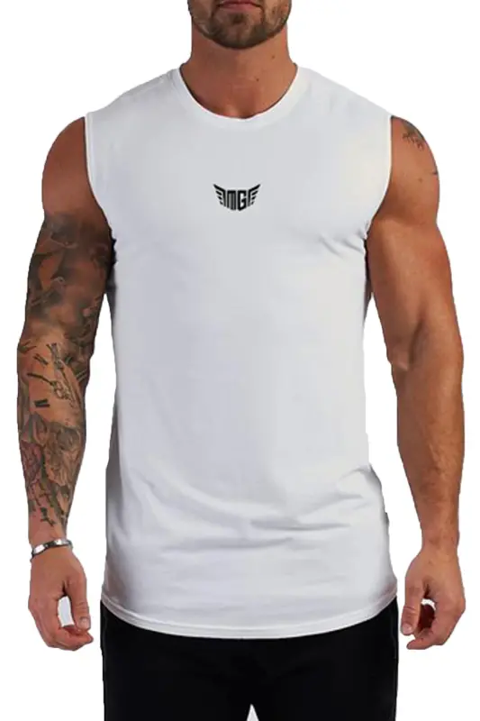 Erkek Nem Emici Hızlı Kuruma Atletik Teknik Performans Sporcu Sıfır Kol T-shirt - BEYAZ - 1