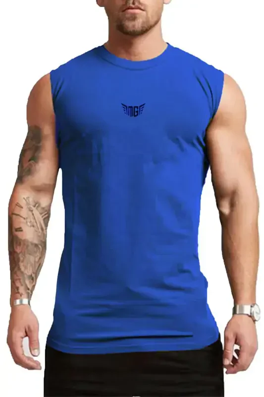 Erkek Nem Emici Hızlı Kuruma Atletik Teknik Performans Sporcu Sıfır Kol T-shirt-MAVİ - 1
