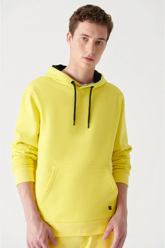 Erkek Neon Sarı Kapüşonlu 3 İplik Şardonlu Pamuklu Sweatshirt E001018-Neon Sarı - 5