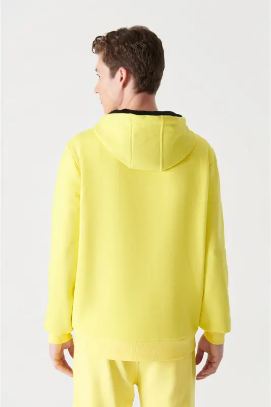 Erkek Neon Sarı Kapüşonlu 3 İplik Şardonlu Pamuklu Sweatshirt E001018-Neon Sarı - 6