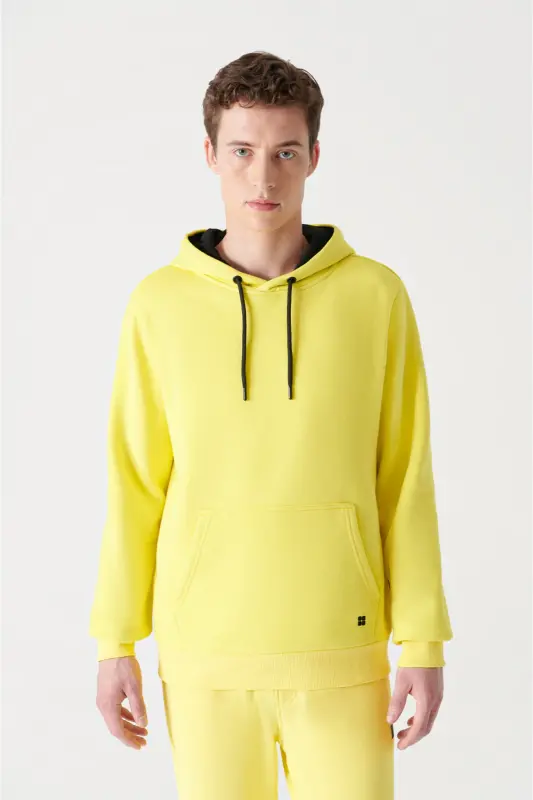 Erkek Neon Sarı Kapüşonlu 3 İplik Şardonlu Pamuklu Sweatshirt E001018 - Neon Sarı - 1