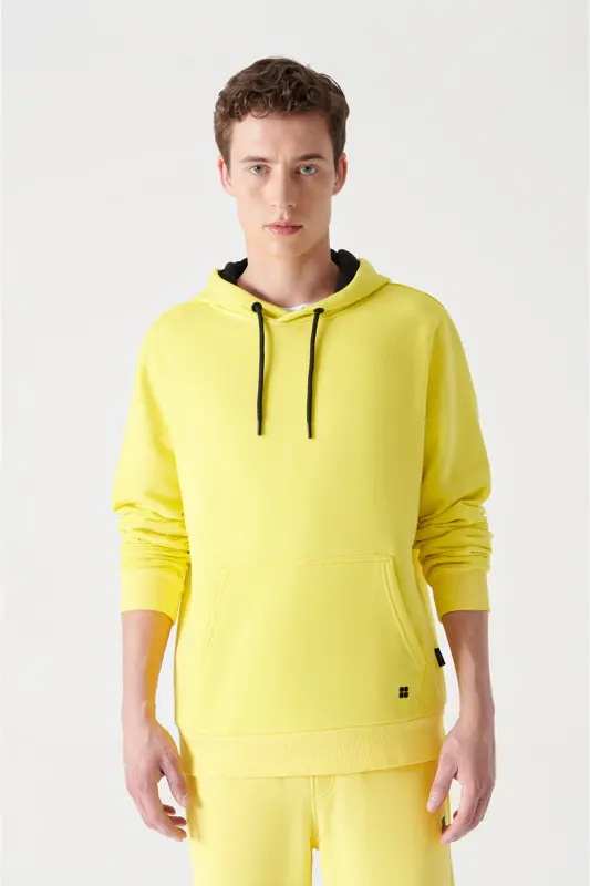Erkek Neon Sarı Kapüşonlu 3 İplik Şardonlu Pamuklu Sweatshirt E001018 - Neon Sarı - 3