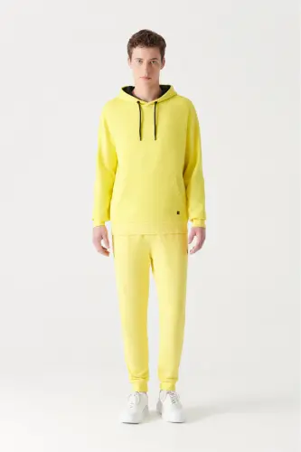 Erkek Neon Sarı Kapüşonlu 3 İplik Şardonlu Pamuklu Sweatshirt E001018 - Neon Sarı - 7