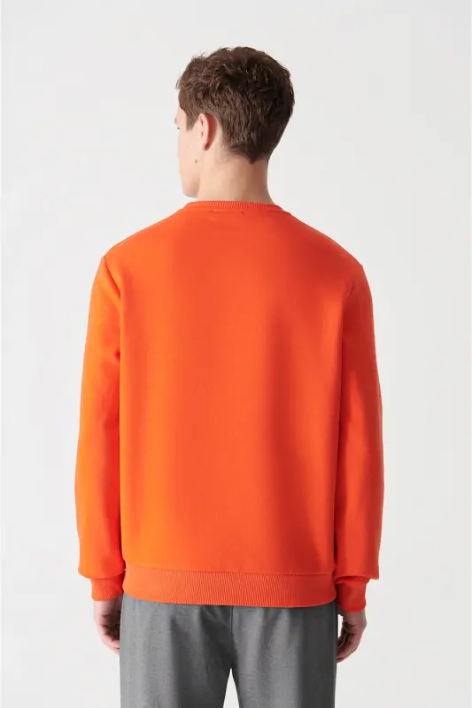 Erkek Neon Turuncu Şardonlu Kumaş Bisiklet Yaka Basic Sweatshirt E001017-Neon Turuncu - 5