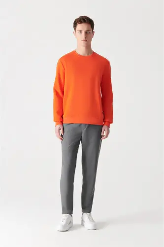 Erkek Neon Turuncu Şardonlu Kumaş Bisiklet Yaka Basic Sweatshirt E001017-Neon Turuncu - 6