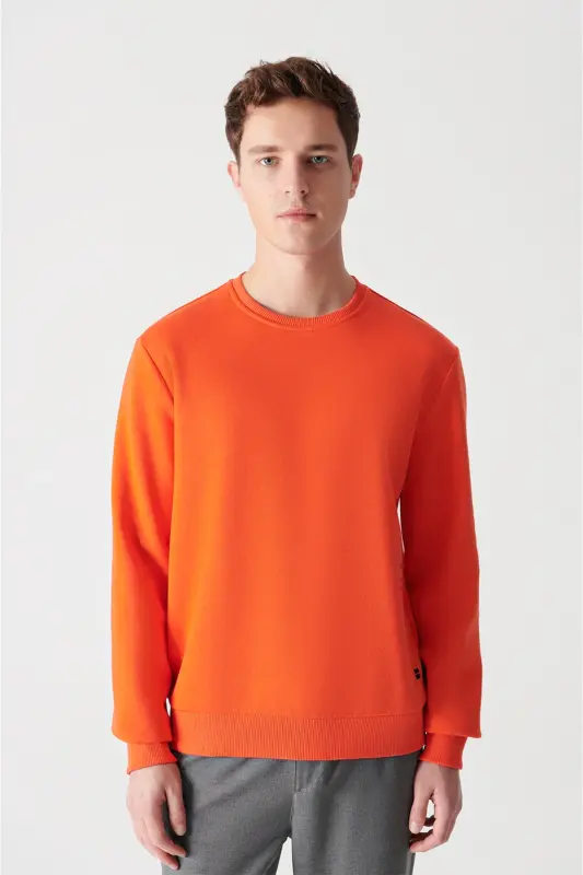 Erkek Neon Turuncu Şardonlu Kumaş Bisiklet Yaka Basic Sweatshirt E001017 - Neon Turuncu - 1
