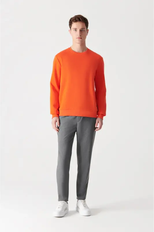 Erkek Neon Turuncu Şardonlu Kumaş Bisiklet Yaka Basic Sweatshirt E001017 - Neon Turuncu - 6