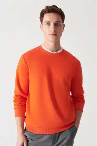 Erkek Neon Turuncu Şardonlu Kumaş Bisiklet Yaka Basic Sweatshirt E001017-Neon Turuncu - 3