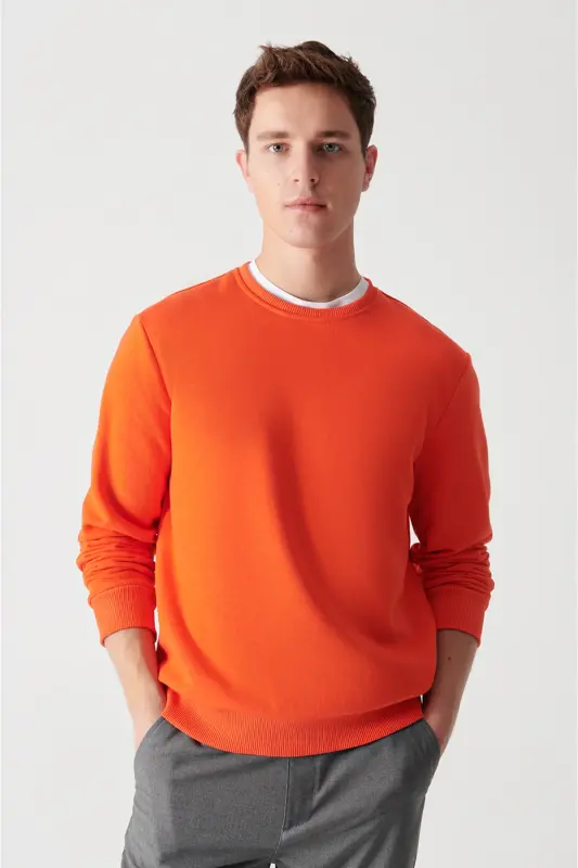Erkek Neon Turuncu Şardonlu Kumaş Bisiklet Yaka Basic Sweatshirt E001017-Neon Turuncu - 4