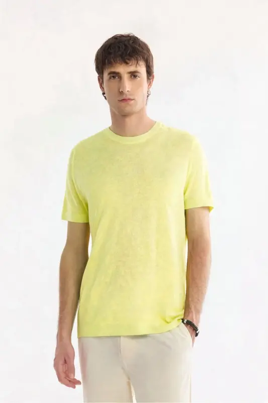 Erkek Neon Yeşil Bisiklet Yaka Triko Regular Fit T-Shirt A41Y5074 - Neon Yeşil - 1