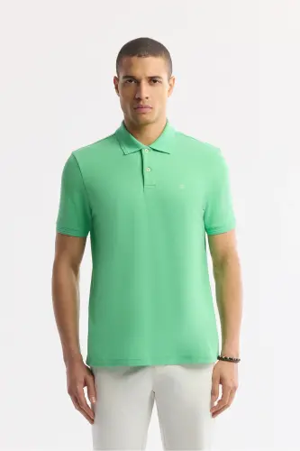 Erkek Neon Yeşil Kıvrılmaz Polo Yaka %100 Pamuk Basic Regular Fit T-Shirt B001032 - Neon Yeşil 
