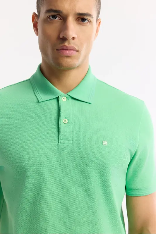 Erkek Neon Yeşil Kıvrılmaz Polo Yaka %100 Pamuk Basic Regular Fit T-Shirt B001032 - Neon Yeşil - 2