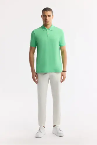 Erkek Neon Yeşil Kıvrılmaz Polo Yaka %100 Pamuk Basic Regular Fit T-Shirt B001032 - Neon Yeşil - 5