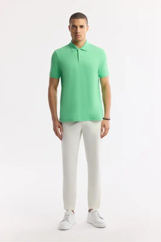 Erkek Neon Yeşil Kıvrılmaz Polo Yaka %100 Pamuk Basic Regular Fit T-Shirt B001032 - Neon Yeşil - 5