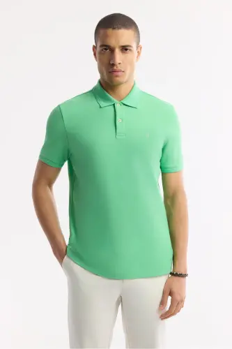 Erkek Neon Yeşil Kıvrılmaz Polo Yaka %100 Pamuk Basic Regular Fit T-Shirt B001032 - Neon Yeşil - 6