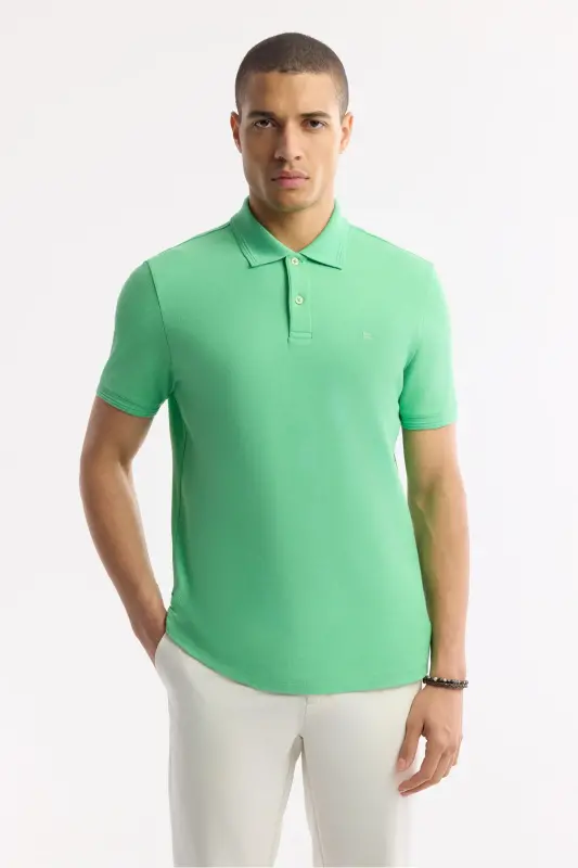 Erkek Neon Yeşil Kıvrılmaz Polo Yaka %100 Pamuk Basic Regular Fit T-Shirt B001032 - Neon Yeşil - 6