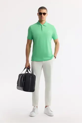 Erkek Neon Yeşil Kıvrılmaz Polo Yaka %100 Pamuk Basic Regular Fit T-Shirt B001032 - Neon Yeşil - 7