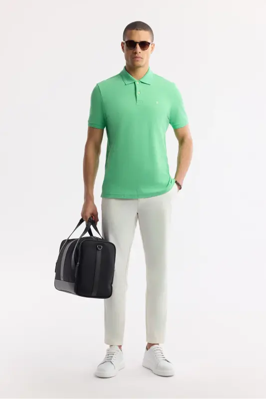 Erkek Neon Yeşil Kıvrılmaz Polo Yaka %100 Pamuk Basic Regular Fit T-Shirt B001032 - Neon Yeşil - 7