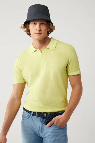 Erkek Neon Yeşil 3 Düğmeli Polo Yaka Triko Regular Fit T-Shirt A41Y5067 - Neon Yeşil 