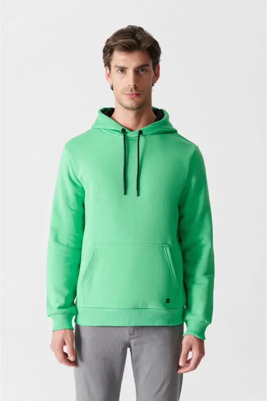 Erkek Neon Yeşil Şardonlu Kumaş Bisiklet Yaka Basic Sweatshirt E001018-Neon Yeşil - 1