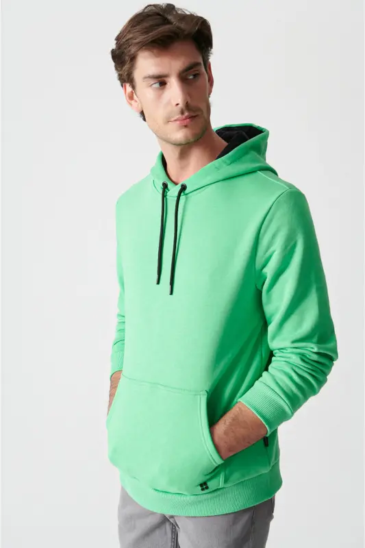 Erkek Neon Yeşil Şardonlu Kumaş Bisiklet Yaka Basic Sweatshirt E001018-Neon Yeşil - 3