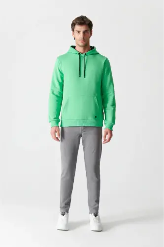 Erkek Neon Yeşil Şardonlu Kumaş Bisiklet Yaka Basic Sweatshirt E001018-Neon Yeşil - 5