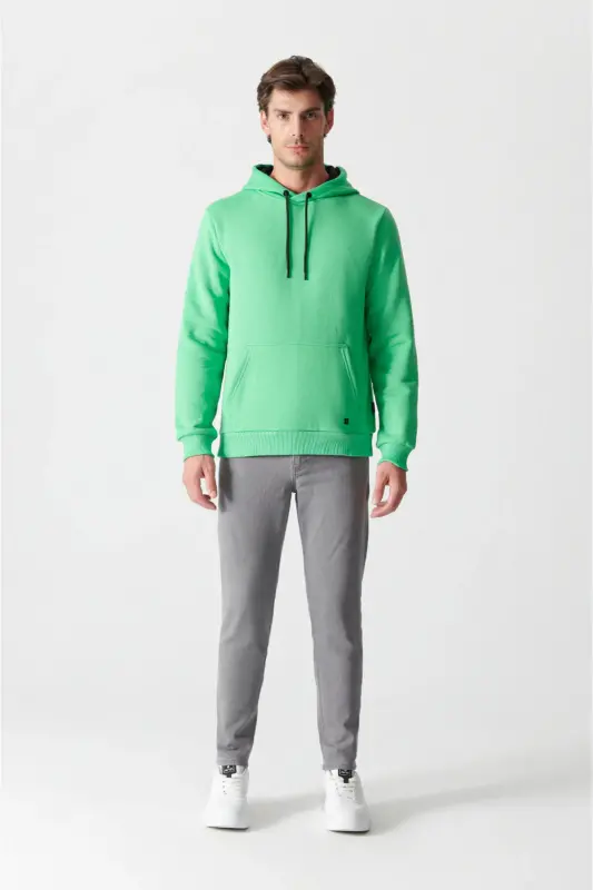 Erkek Neon Yeşil Şardonlu Kumaş Bisiklet Yaka Basic Sweatshirt E001018-Neon Yeşil - 5