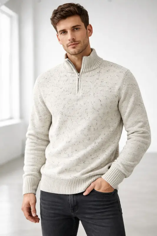 Erkek Nope Bej Yarım Fermuarlı Dik Yaka Triko Kazak Slim Fit-Açık Bej - 1