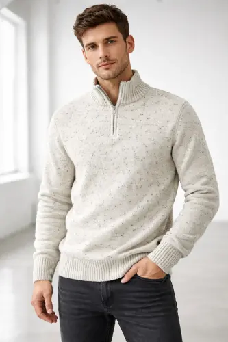 Erkek Nope Bej Yarım Fermuarlı Dik Yaka Triko Kazak Slim Fit-Açık Bej 