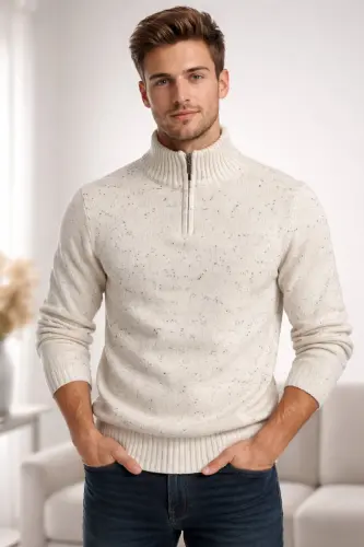 Erkek Nope Bej Yarım Fermuarlı Dik Yaka Triko Kazak Slim Fit - Açık Bej - COOL TARZ (1)