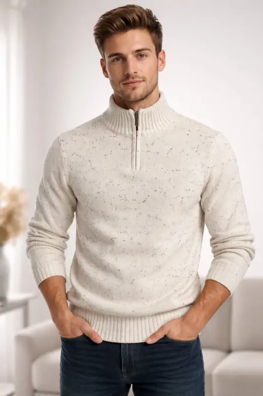 Erkek Nope Bej Yarım Fermuarlı Dik Yaka Triko Kazak Slim Fit-Açık Bej - 2