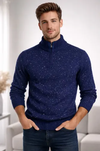 Erkek Nope Lacivert Yarım Fermuarlı Dik Yaka Triko Kazak Slim Fit-Açık Lacivert 