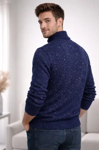 Erkek Nope Lacivert Yarım Fermuarlı Dik Yaka Triko Kazak Slim Fit - Açık Lacivert - COOL TARZ (1)