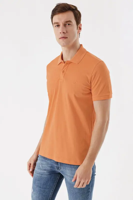 Erkek Oranj Basic Düz %100 Pamuk Slim Fit Dar Kesim Kısa Kollu Polo Yaka Tişört - 1