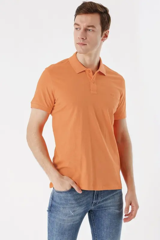 Erkek Oranj Basic Düz %100 Pamuk Slim Fit Dar Kesim Kısa Kollu Polo Yaka Tişört - 2