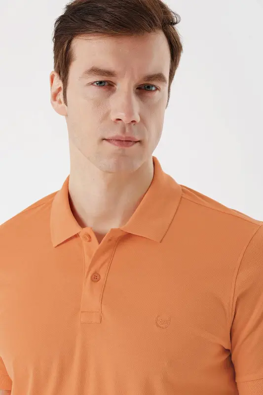 Erkek Oranj Basic Düz %100 Pamuk Slim Fit Dar Kesim Kısa Kollu Polo Yaka Tişört - 3
