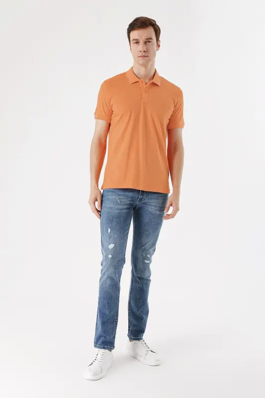 Erkek Oranj Basic Düz %100 Pamuk Slim Fit Dar Kesim Kısa Kollu Polo Yaka Tişört - 4