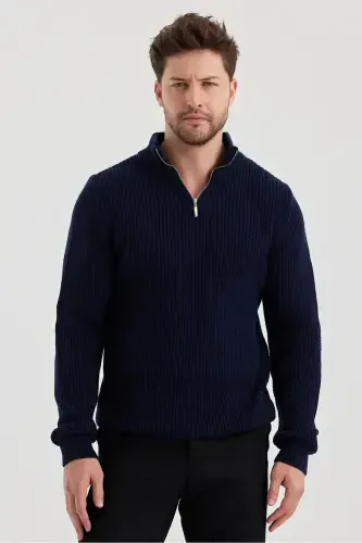 Erkek Oversize Fermuarlı Balıkçı Triko Kazak-LACİVERT - 4