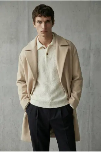 Erkek Oversize İtalyan Kaşe Kaban Açık Bej-Açık Bej - 4