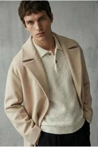 Erkek Oversize İtalyan Kaşe Kaban Açık Bej-Açık Bej - 3