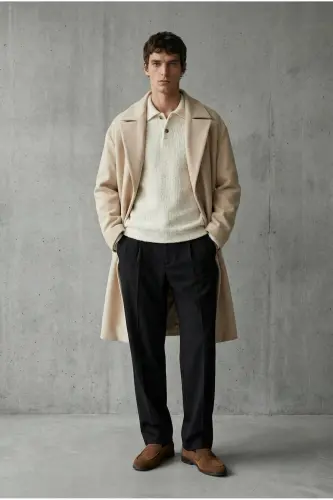 Erkek Oversize İtalyan Kaşe Kaban Açık Bej-Açık Bej - 5