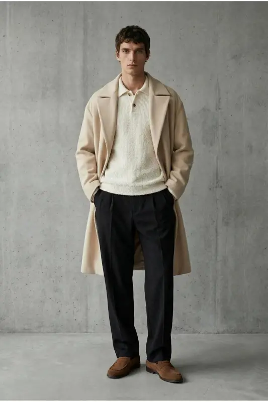 Erkek Oversize İtalyan Kaşe Kaban Açık Bej-Açık Bej - 5