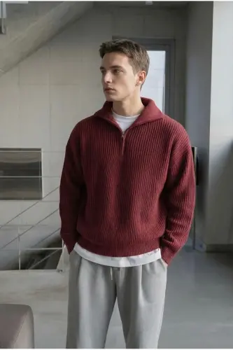 erkek oversize premium kalite salaş kazak-Bordo - 1