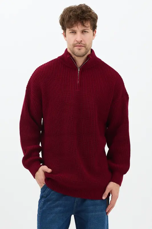 erkek oversize premium kalite salaş kazak-Bordo - 2