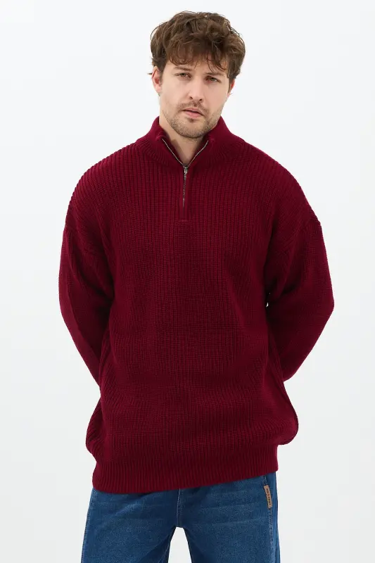 erkek oversize premium kalite salaş kazak-Bordo - 4