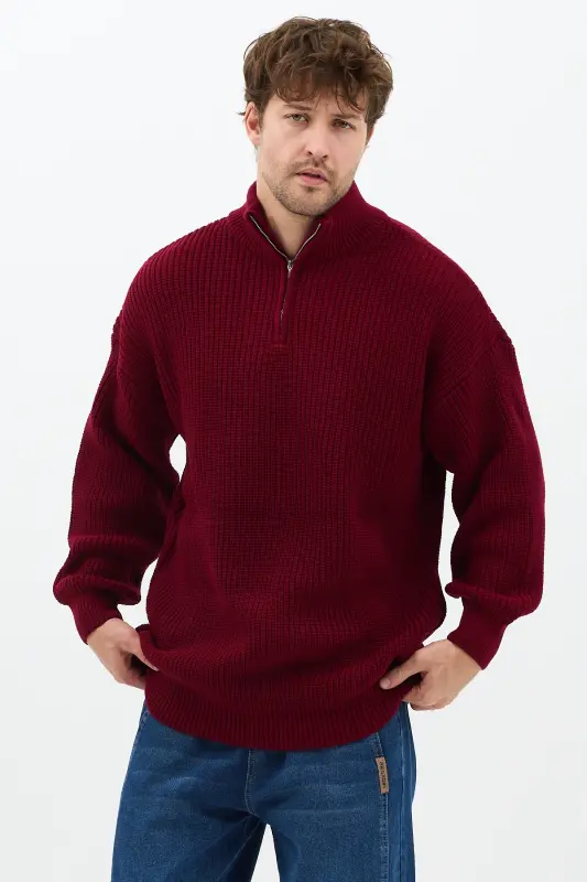 erkek oversize premium kalite salaş kazak-Bordo - 6